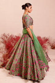 WOMEN'S GREEN CREPE & ORGANZA LIUORA LEHENGA SET