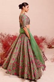 WOMEN'S GREEN CREPE & ORGANZA FARAH BLOUSE