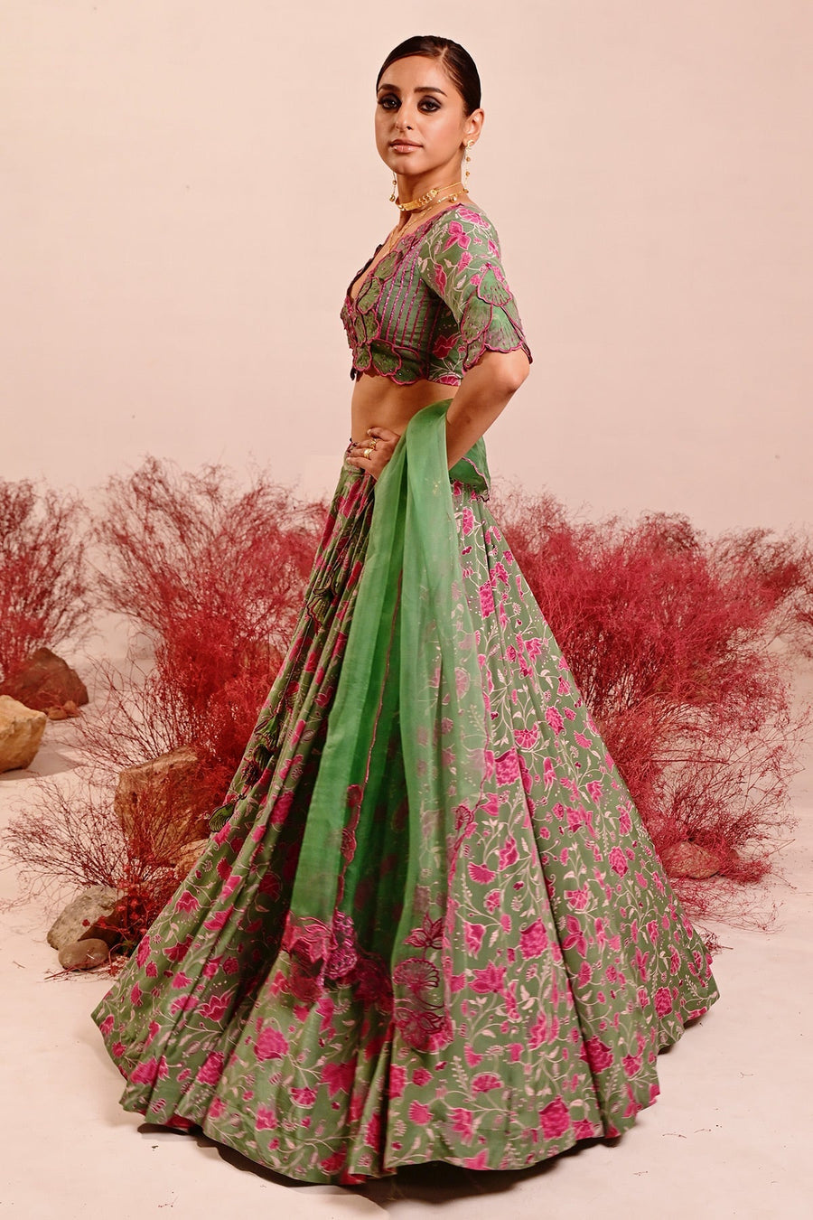 WOMEN'S GREEN CREPE & ORGANZA LIUORA LEHENGA SET