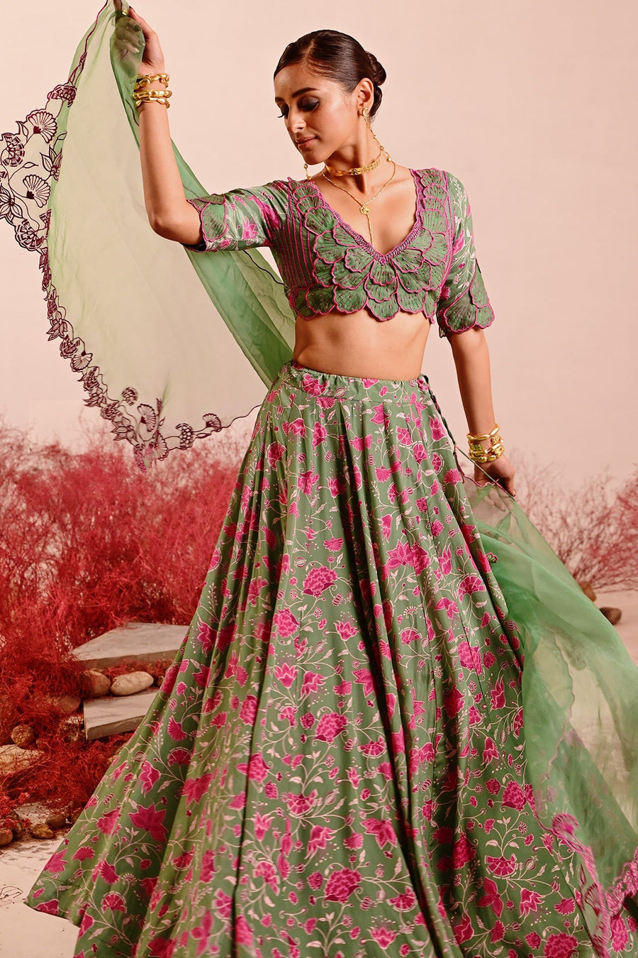 WOMEN'S GREEN CREPE & ORGANZA LIUORA LEHENGA SET