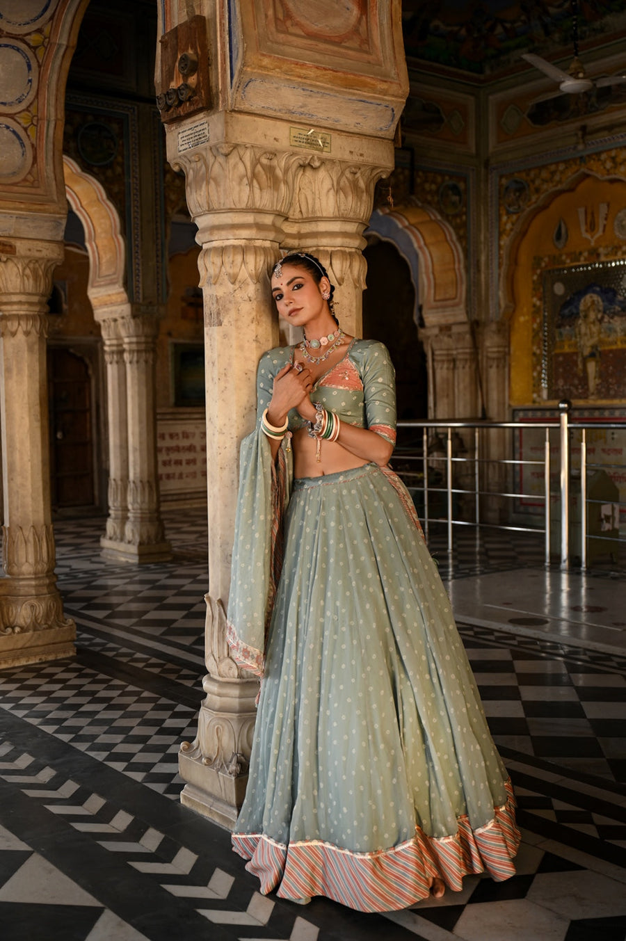 WOMEN'S GREEN CHIFFON BADAL MAHAL LEHENGA SET