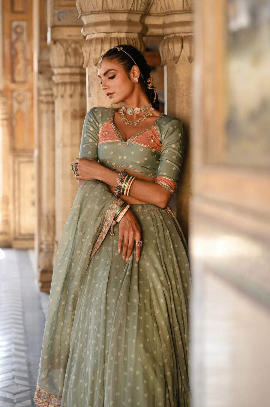 WOMEN'S GREEN CHIFFON BADAL MAHAL LEHENGA SET