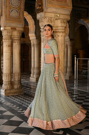 WOMEN'S GREEN CHIFFON BADAL MAHAL LEHENGA SET