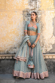 WOMEN'S GREEN CHIFFON BADAL MAHAL LEHENGA SET