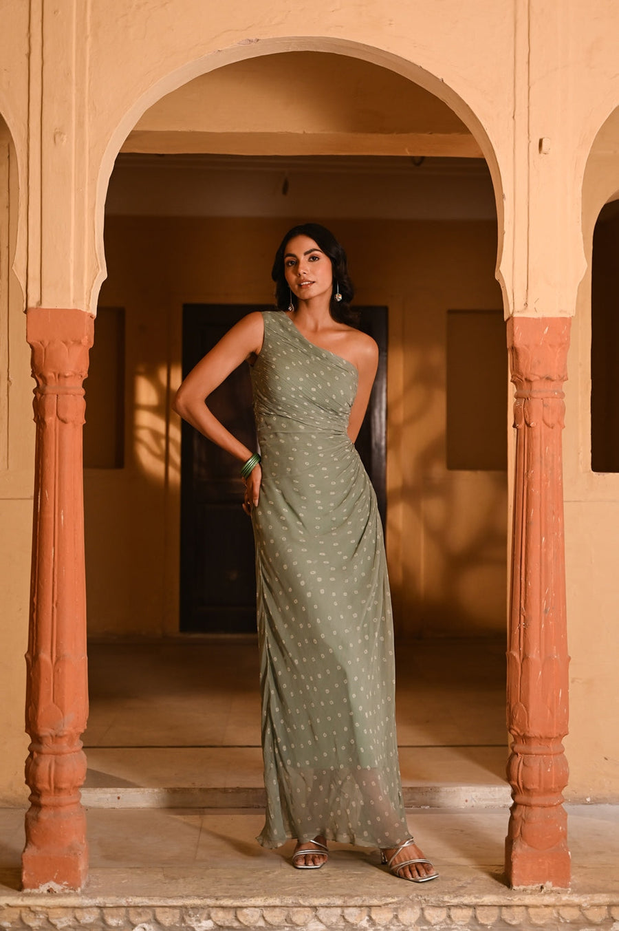 WOMEN'S GREEN CHIFFON BANDHANI DRESS