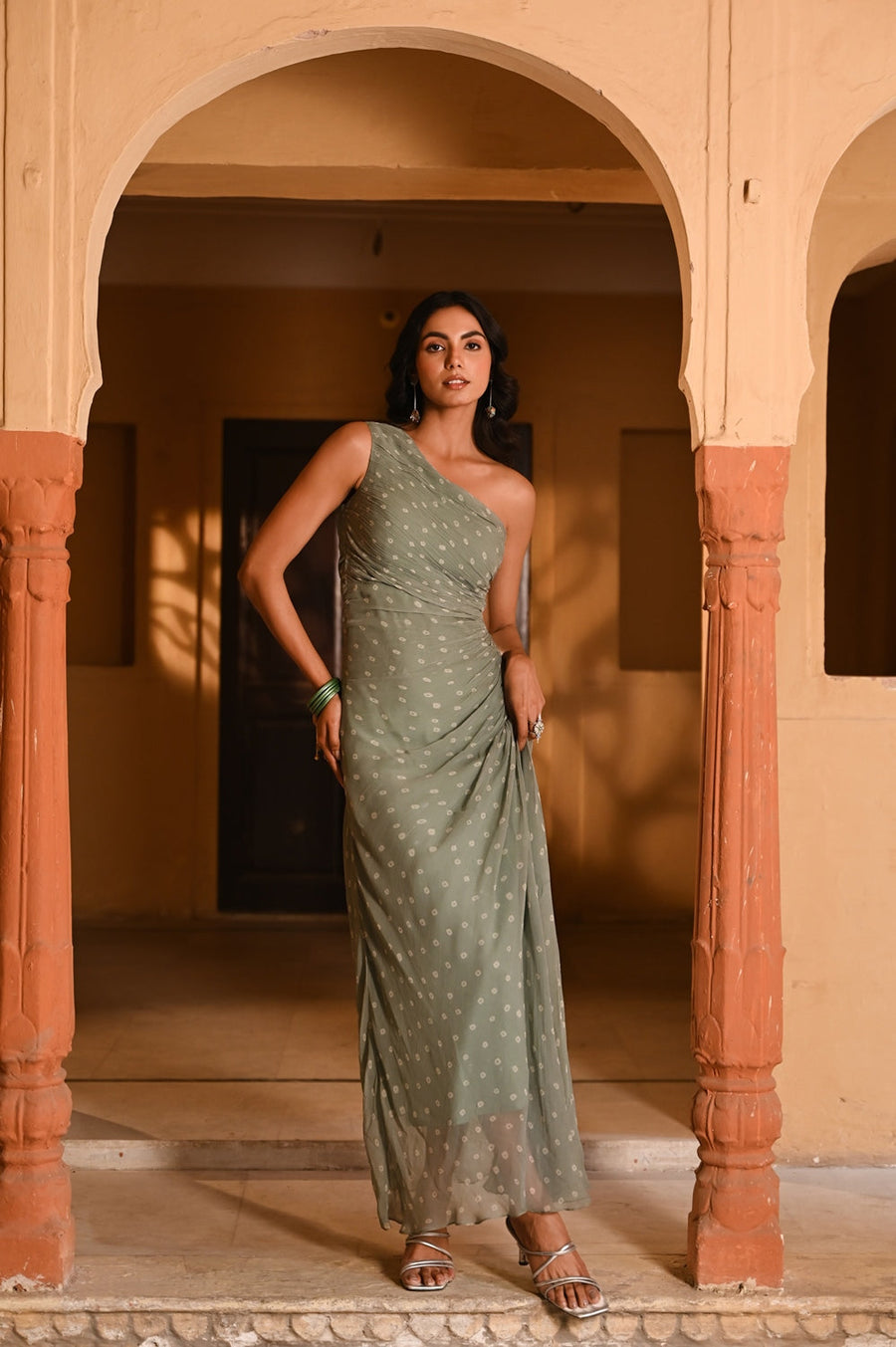 WOMEN'S GREEN CHIFFON BANDHANI DRESS