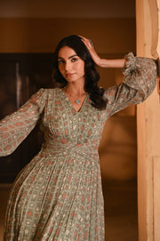 WOMEN'S GREEN CHIFFON GAITORE DRESS