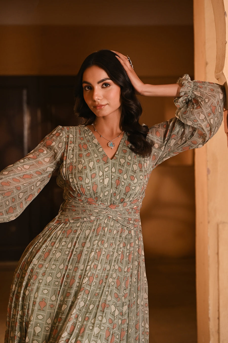 WOMEN'S GREEN CHIFFON GAITORE DRESS