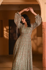 WOMEN'S GREEN CHIFFON GAITORE DRESS