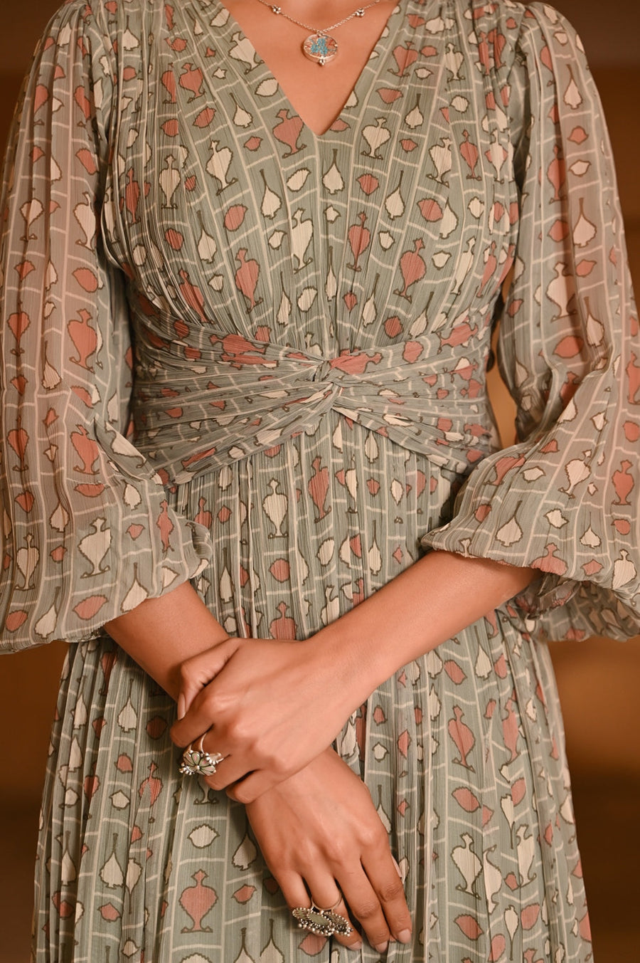 WOMEN'S GREEN CHIFFON GAITORE DRESS