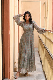 WOMEN'S GREEN CHIFFON GAITORE DRESS