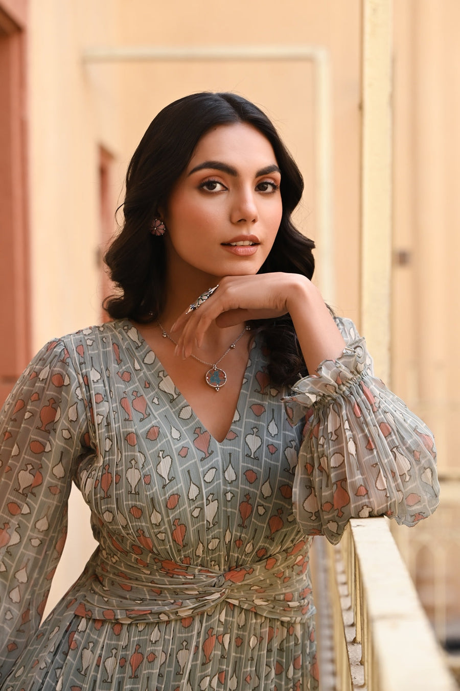 WOMEN'S GREEN CHIFFON GAITORE DRESS