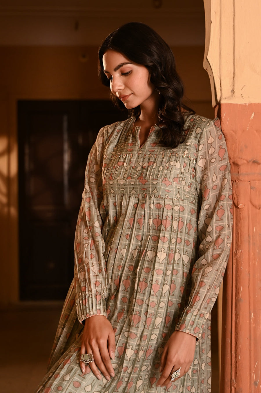 WOMEN'S GREEN CHANDERI MISHRI DRESS