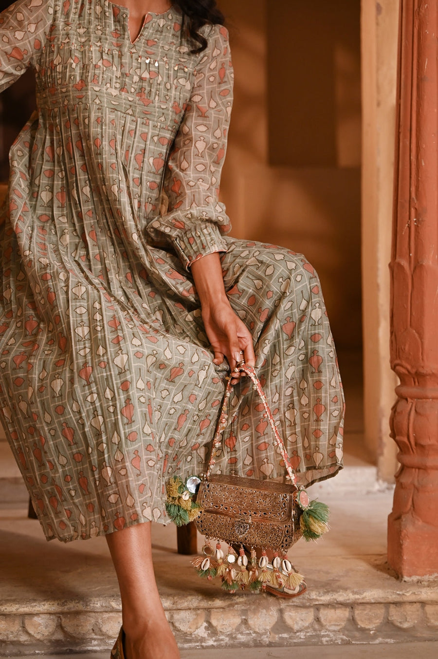 WOMEN'S GREEN CHANDERI MISHRI DRESS