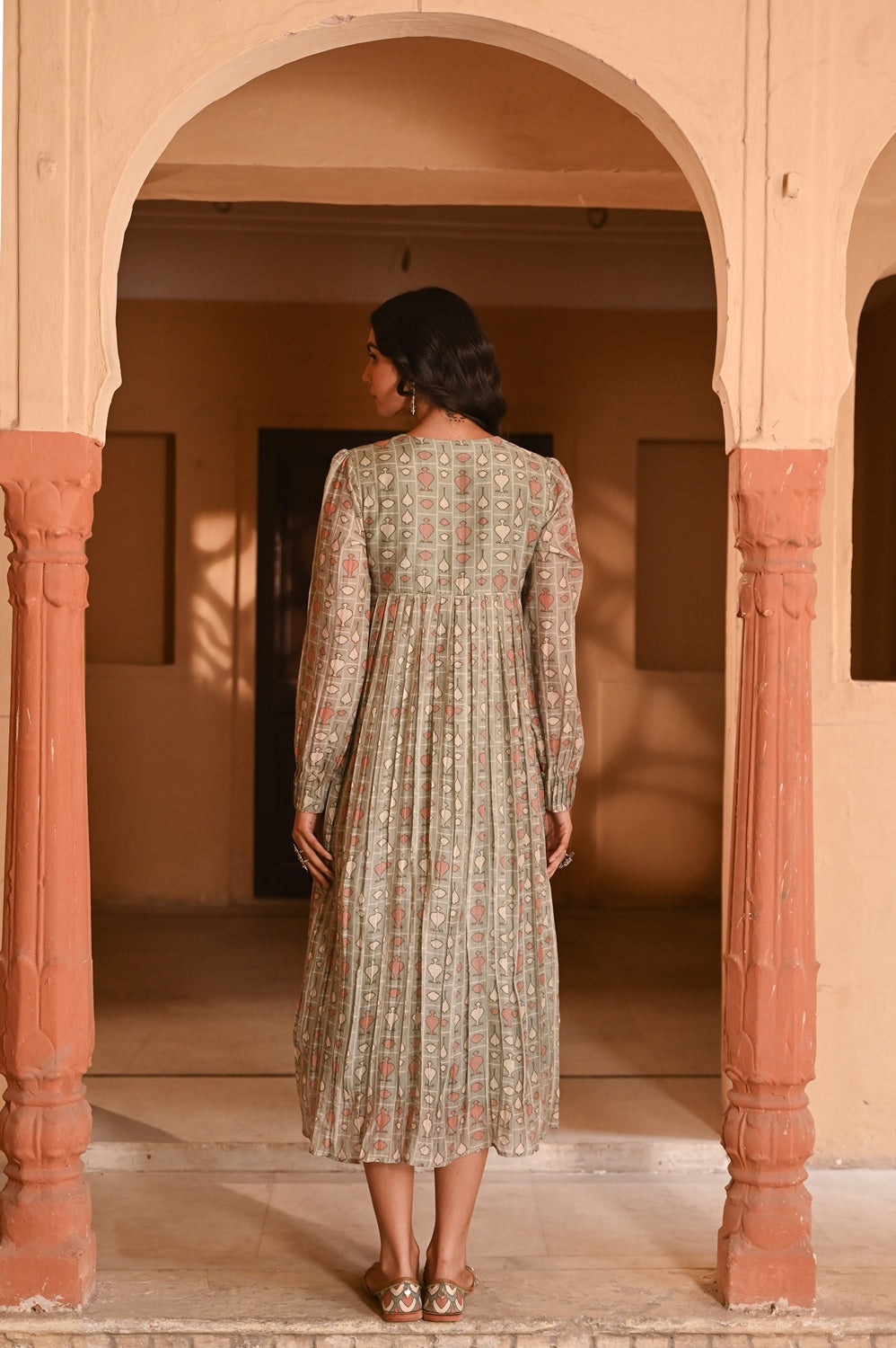 WOMEN'S GREEN CHANDERI MISHRI DRESS