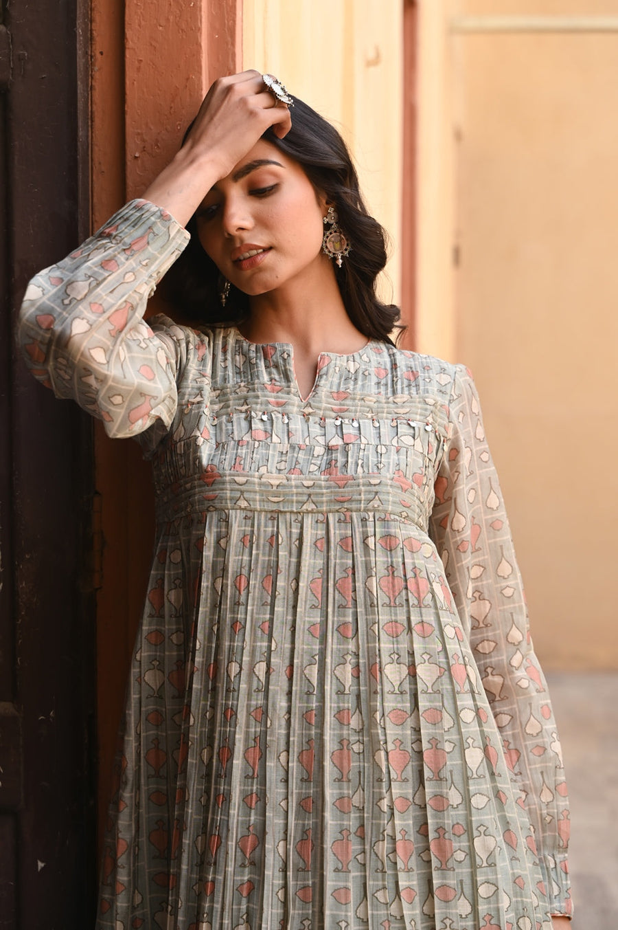 WOMEN'S GREEN CHANDERI MISHRI DRESS