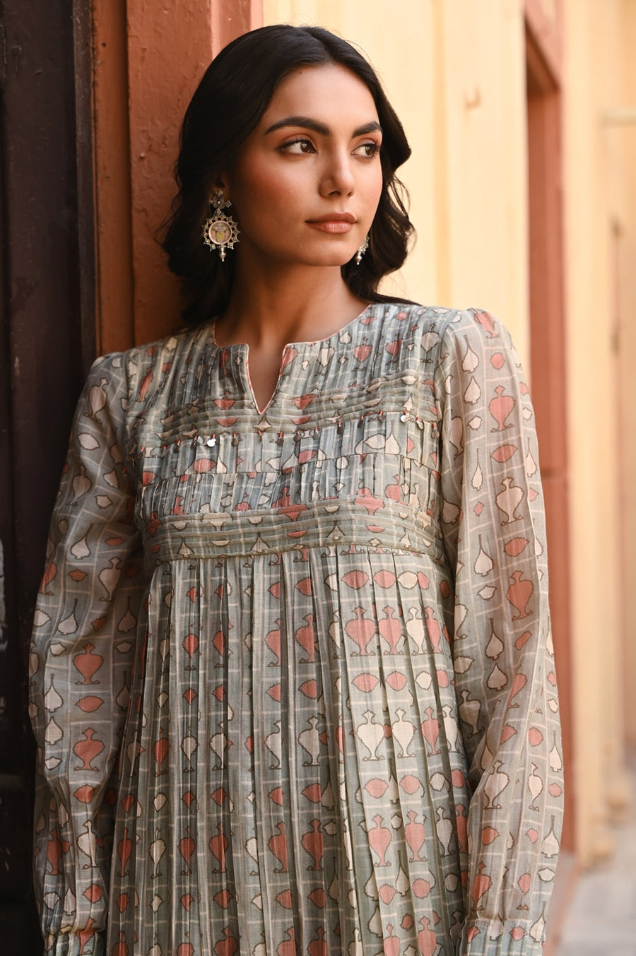 WOMEN'S GREEN CHANDERI MISHRI DRESS