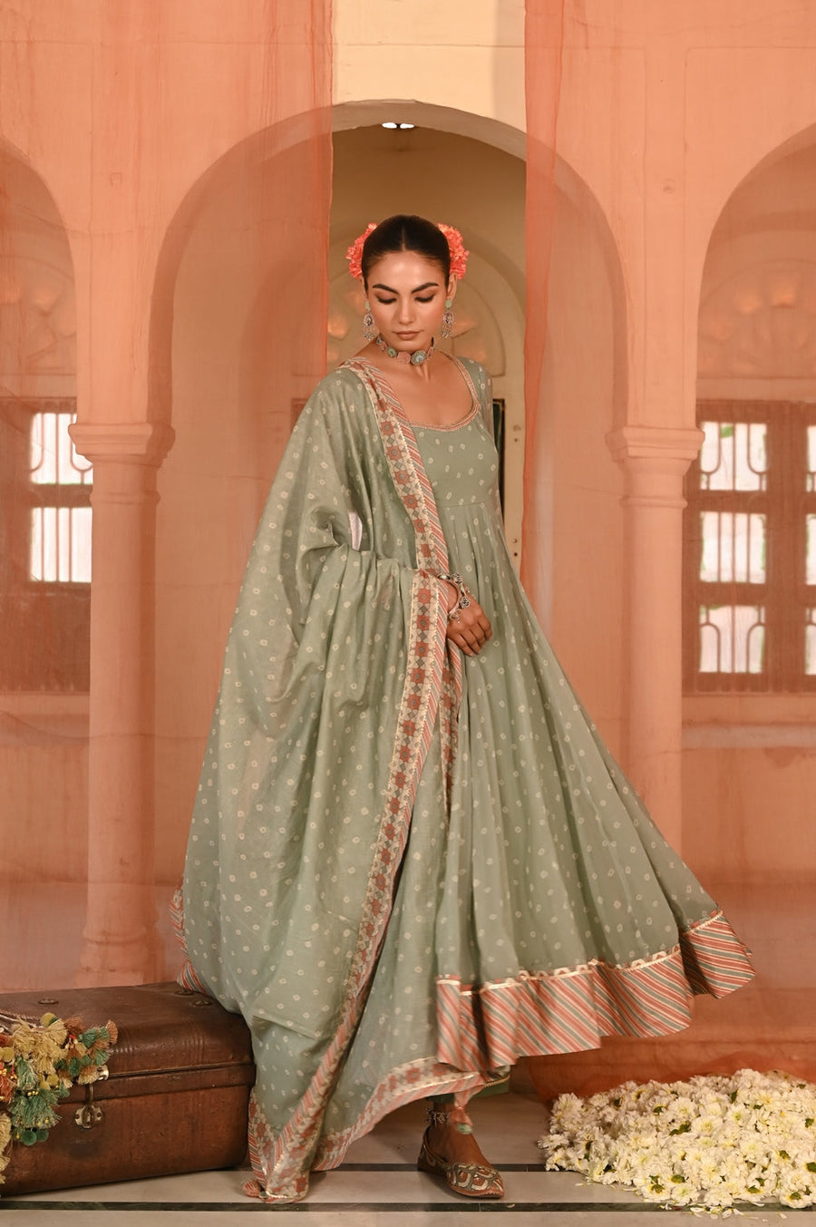 WOMEN'S GREEN CHIFFON  MOTI MAHAL ANARKALI SET