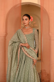WOMEN'S GREEN CHIFFON  MOTI MAHAL ANARKALI SET