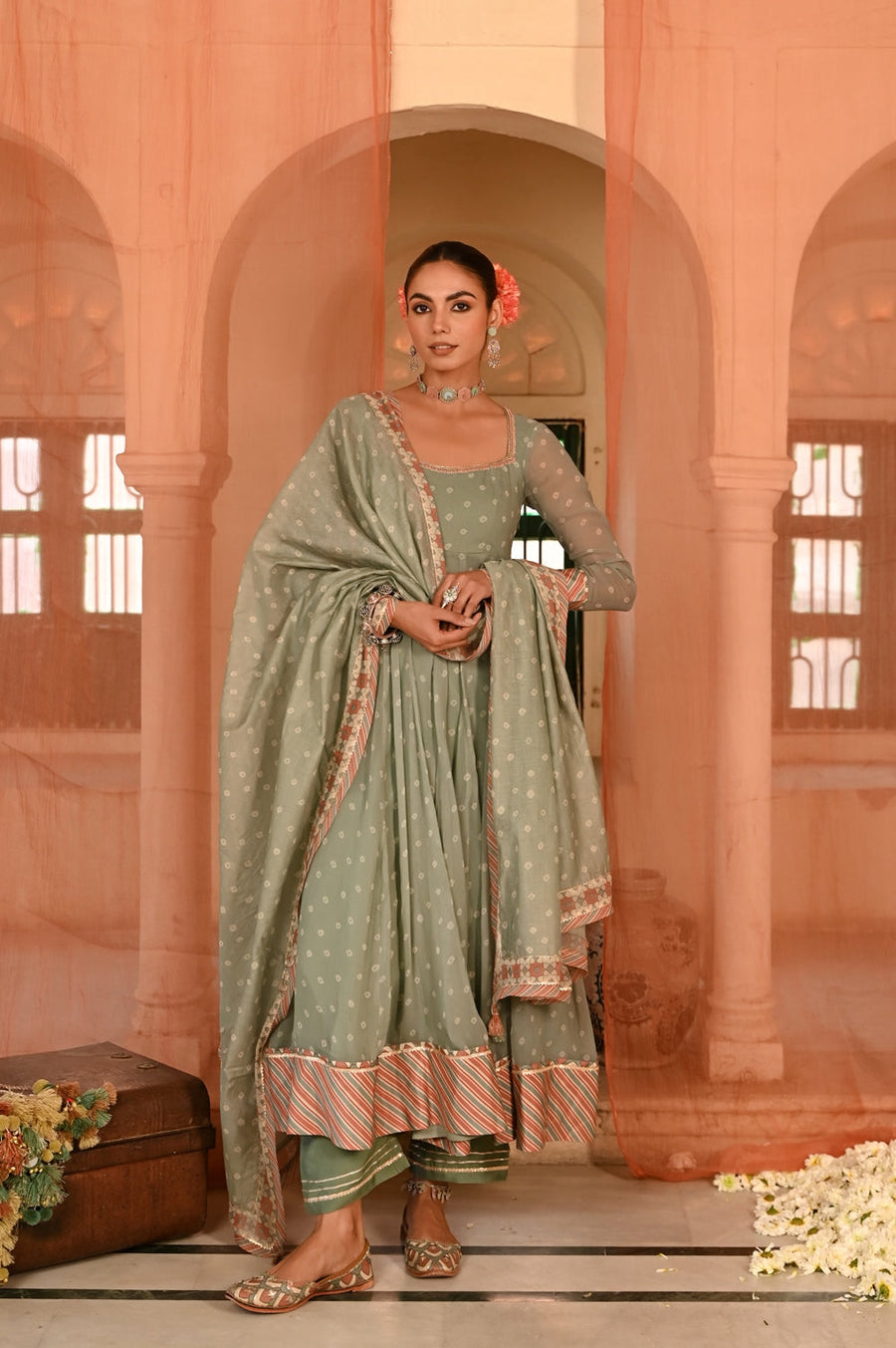 WOMEN'S GREEN CHIFFON  MOTI MAHAL ANARKALI SET