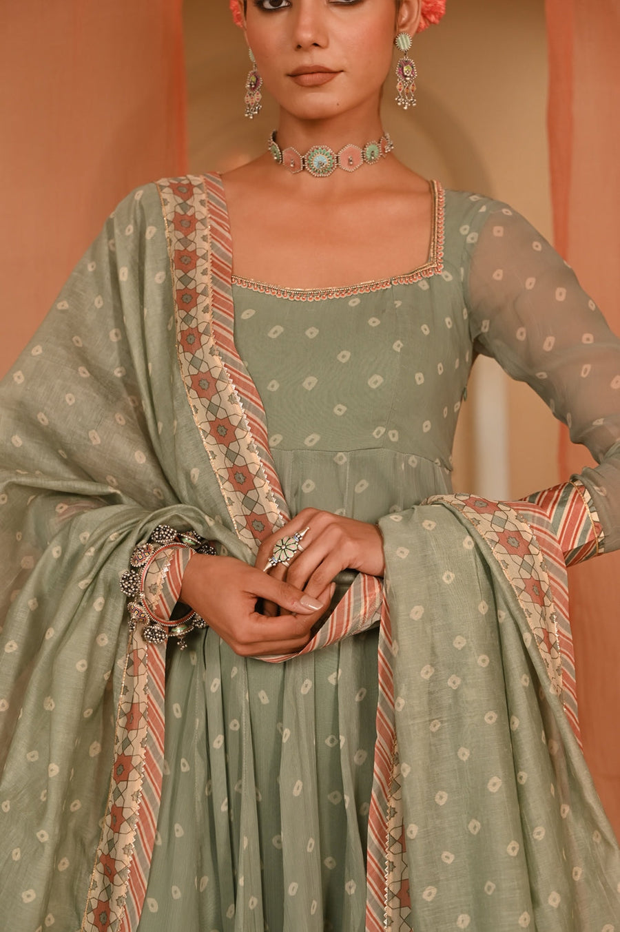 WOMEN'S GREEN CHIFFON  MOTI MAHAL ANARKALI SET