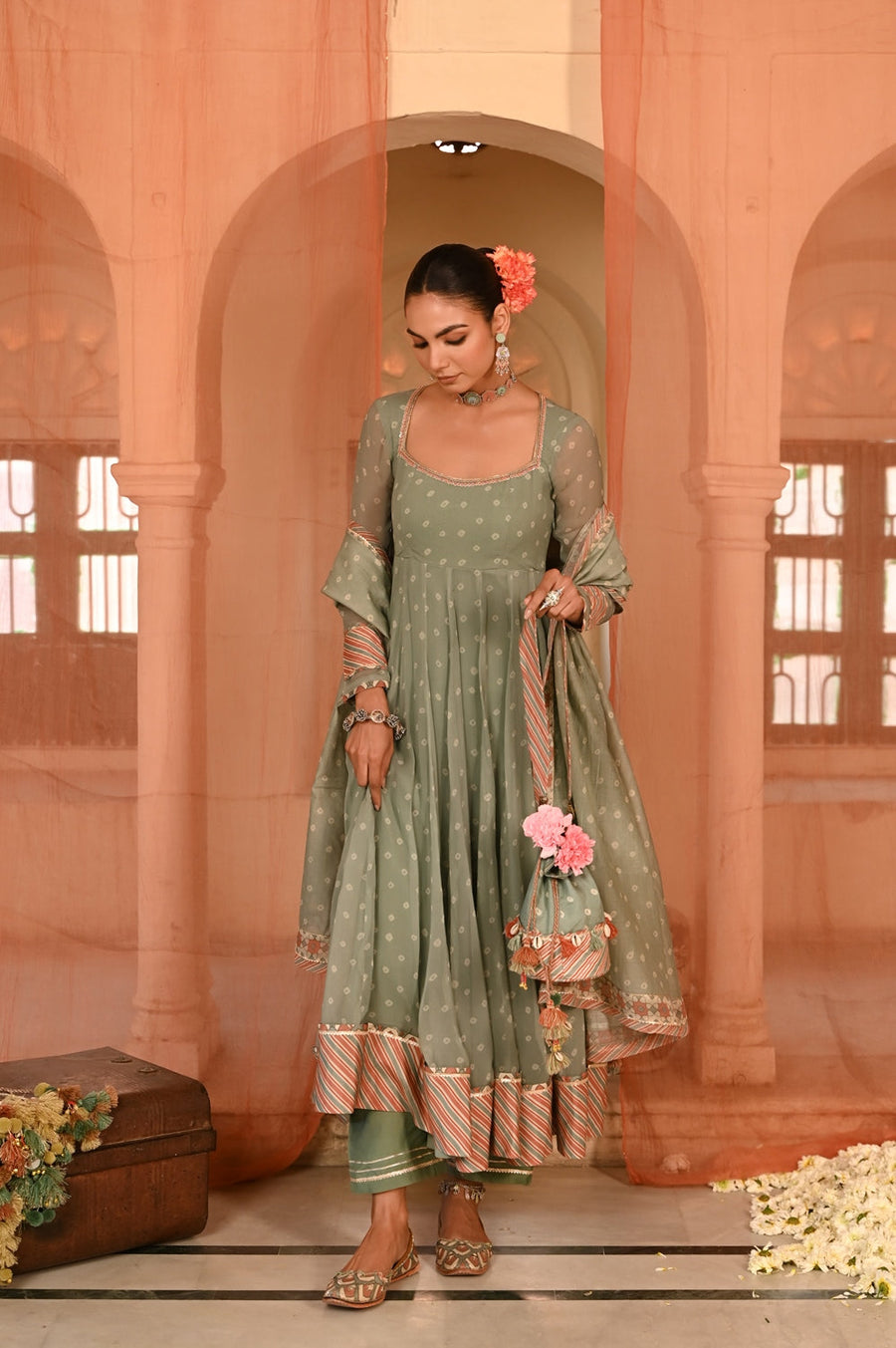 WOMEN'S GREEN CHIFFON  MOTI MAHAL ANARKALI SET