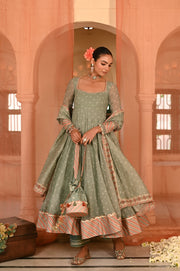 WOMEN'S GREEN CHIFFON  MOTI MAHAL ANARKALI SET