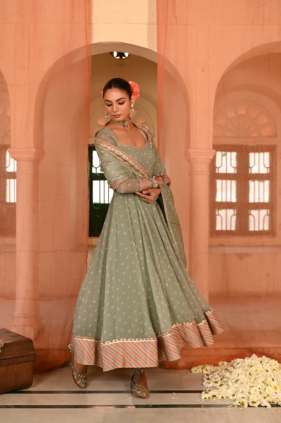 WOMEN'S GREEN CHIFFON  MOTI MAHAL ANARKALI SET