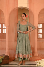 WOMEN'S GREEN CHIFFON  MOTI MAHAL ANARKALI SET