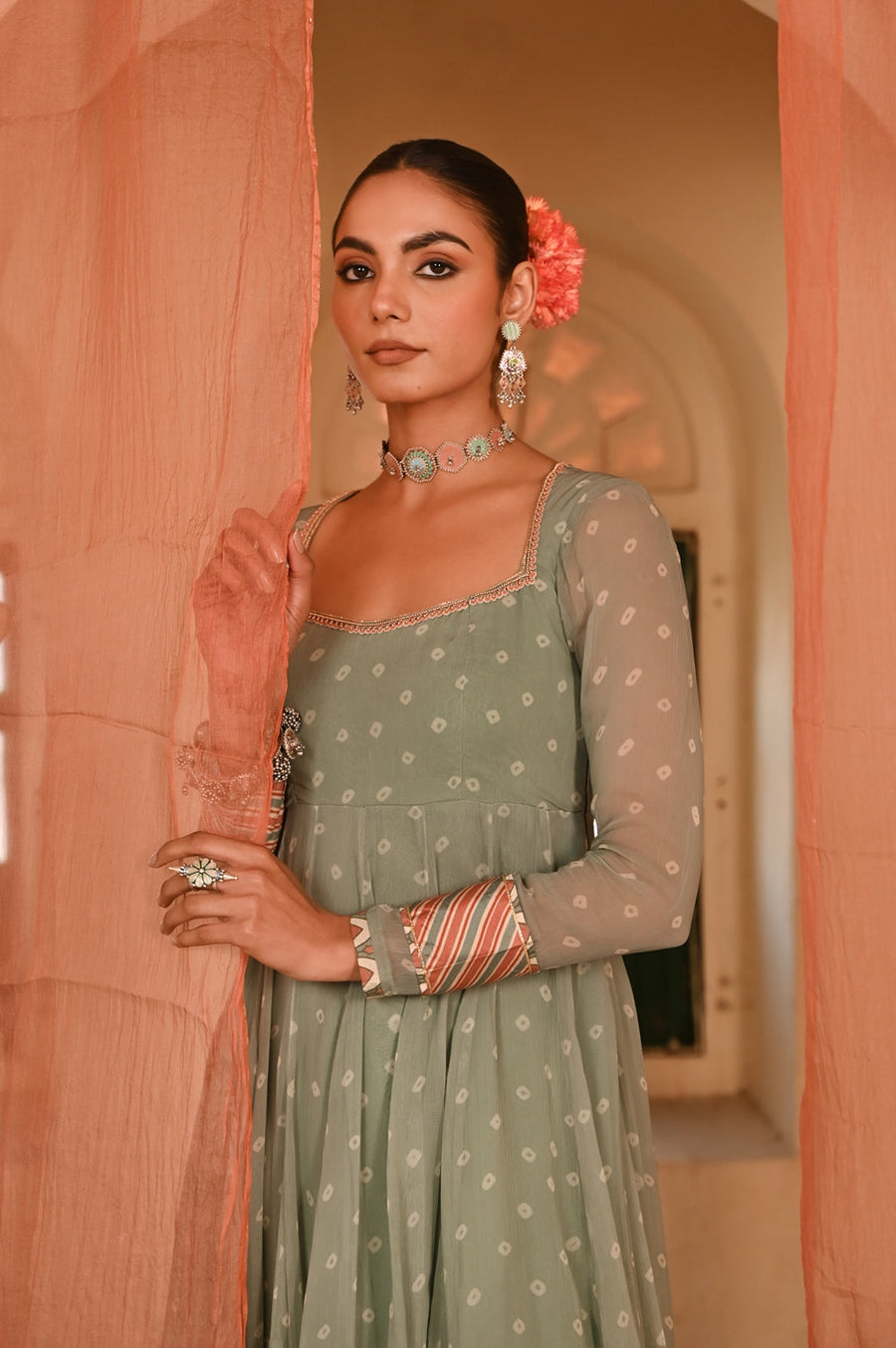 WOMEN'S GREEN CHIFFON  MOTI MAHAL ANARKALI SET