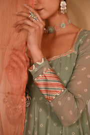 WOMEN'S GREEN CHIFFON  MOTI MAHAL ANARKALI SET