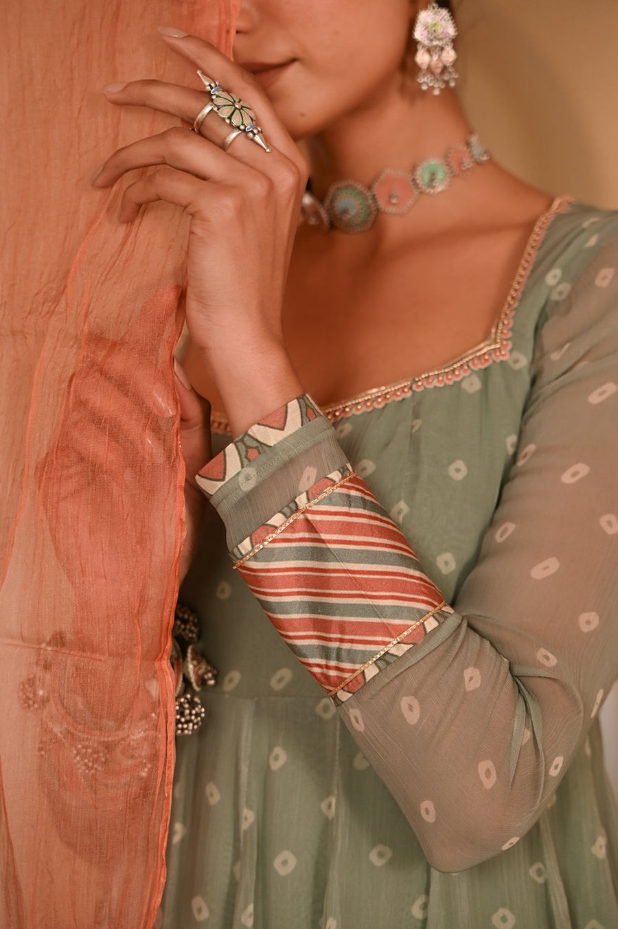 WOMEN'S GREEN CHIFFON  MOTI MAHAL ANARKALI SET