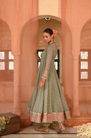WOMEN'S GREEN CHIFFON  MOTI MAHAL ANARKALI SET