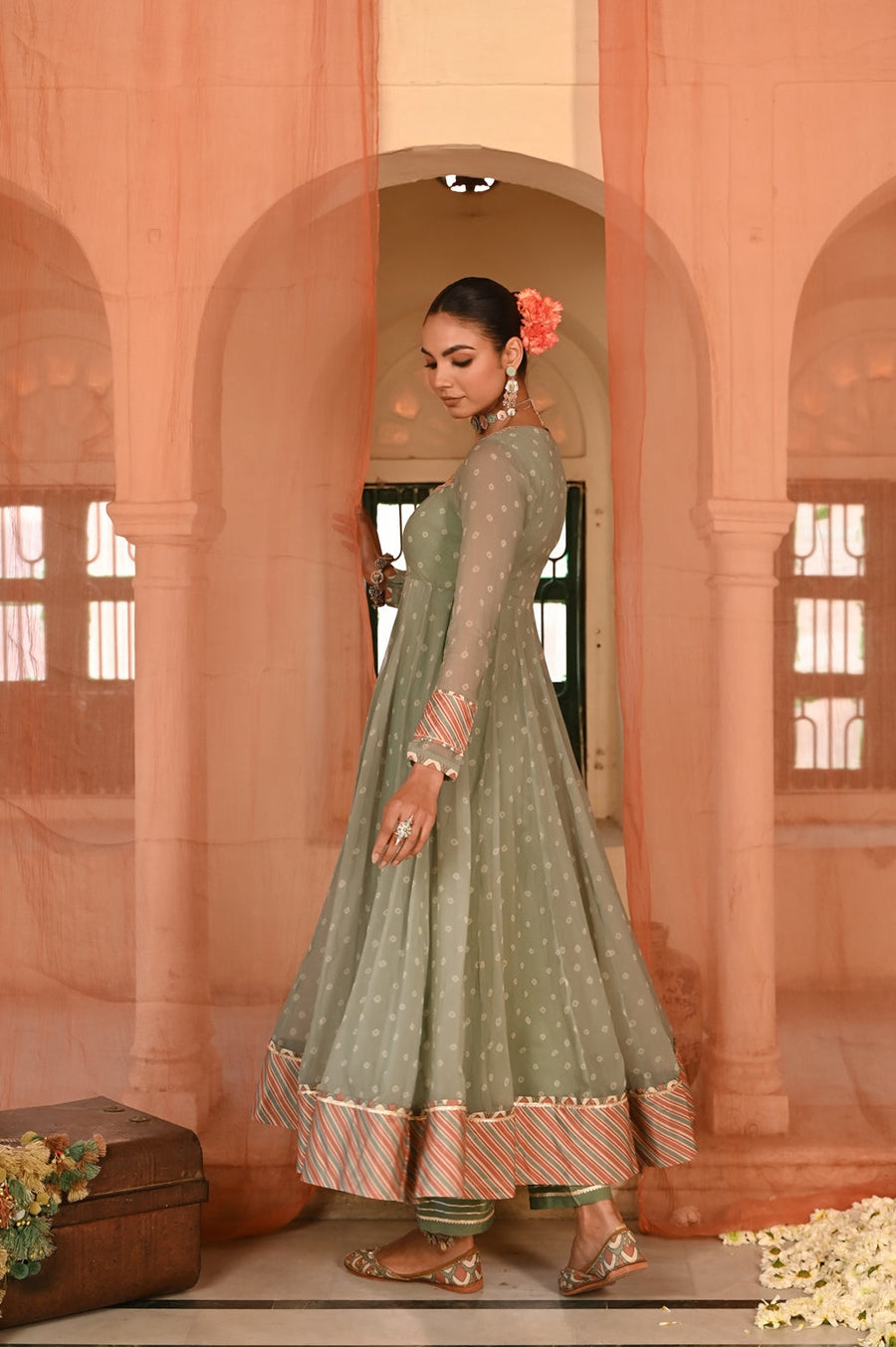 WOMEN'S GREEN CHIFFON  MOTI MAHAL ANARKALI SET