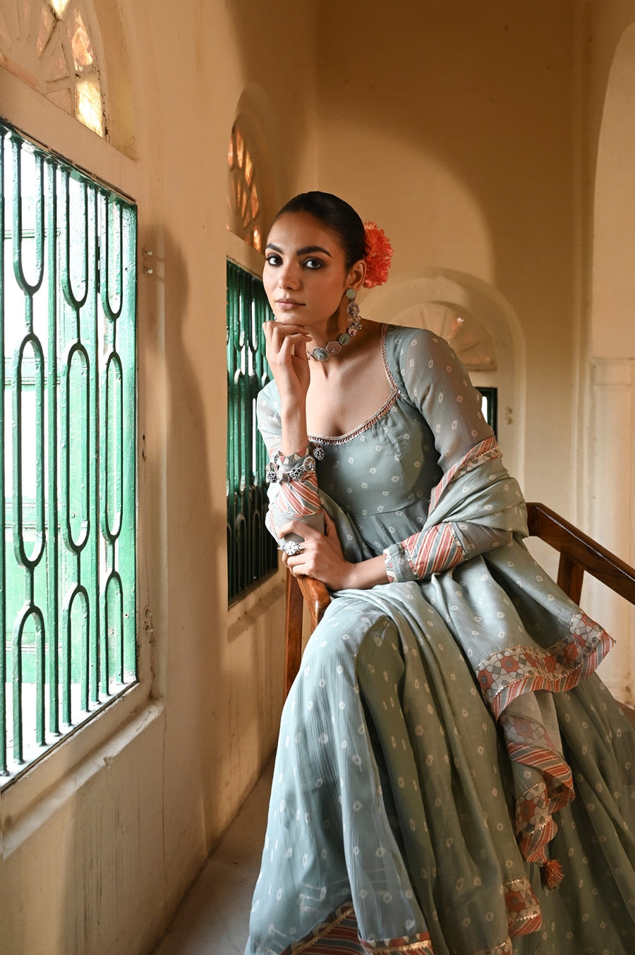 WOMEN'S GREEN CHIFFON  MOTI MAHAL ANARKALI SET