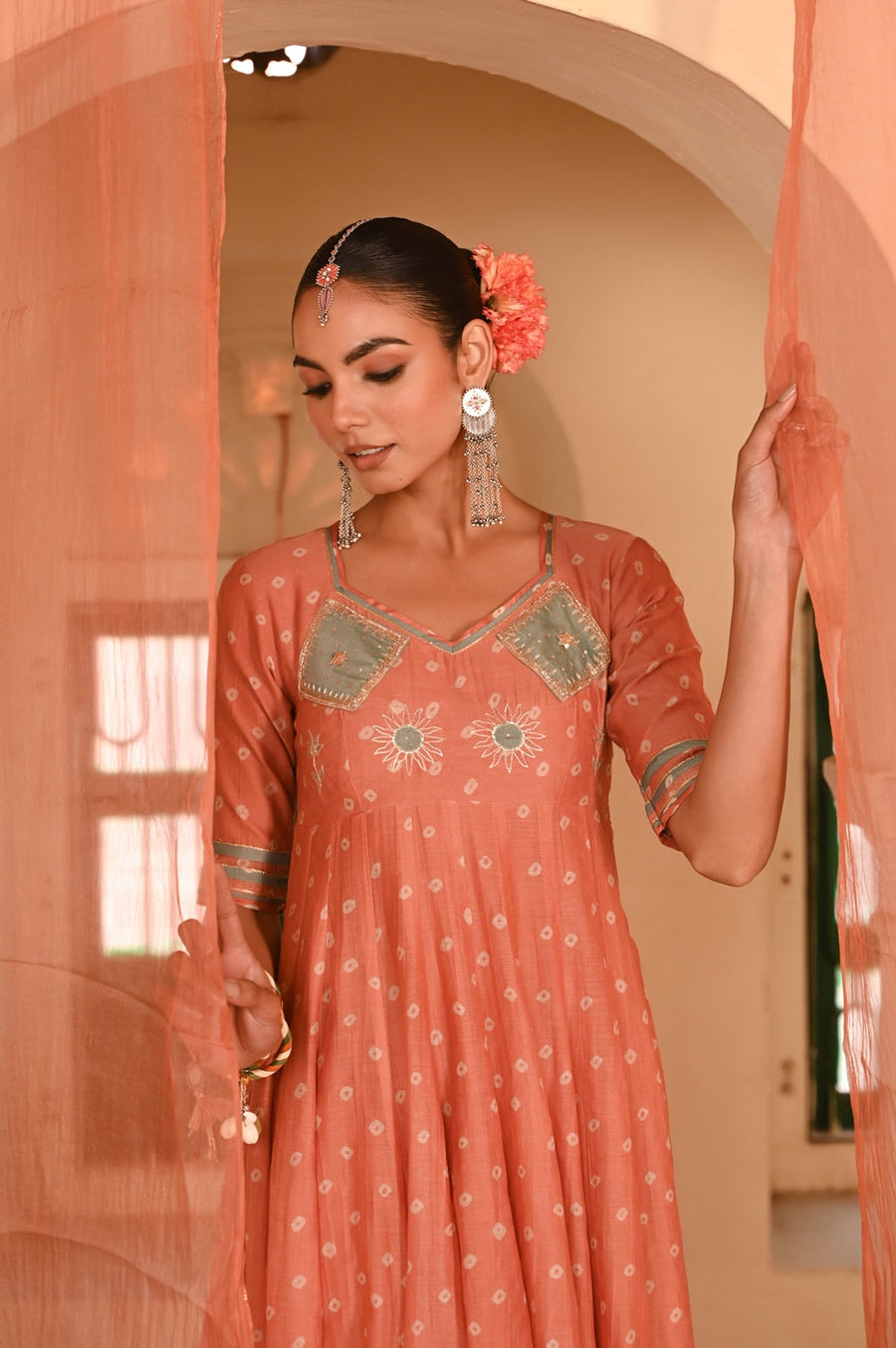 WOMEN'S ORANGE CHANDERI SURAJMUKHI ANARKALI SET