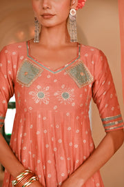 WOMEN'S ORANGE CHANDERI SURAJMUKHI ANARKALI SET