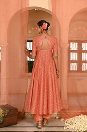 WOMEN'S ORANGE CHANDERI SURAJMUKHI ANARKALI SET