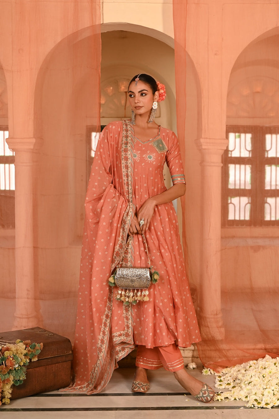 WOMEN'S ORANGE CHANDERI SURAJMUKHI ANARKALI SET