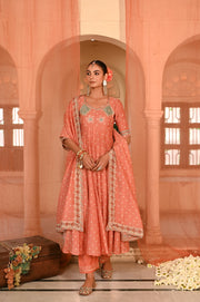 WOMEN'S ORANGE CHANDERI SURAJMUKHI ANARKALI SET