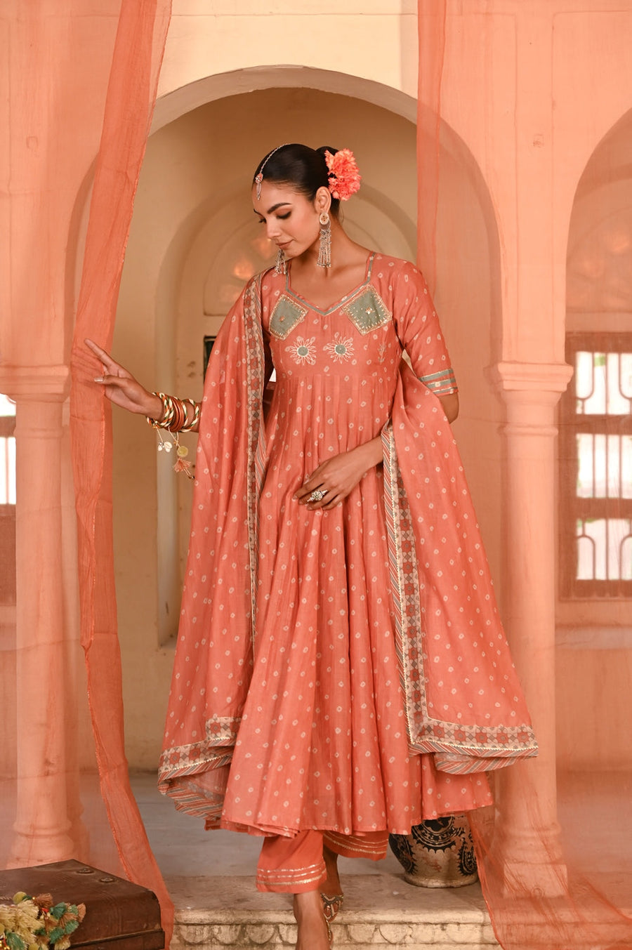 WOMEN'S ORANGE CHANDERI SURAJMUKHI ANARKALI SET