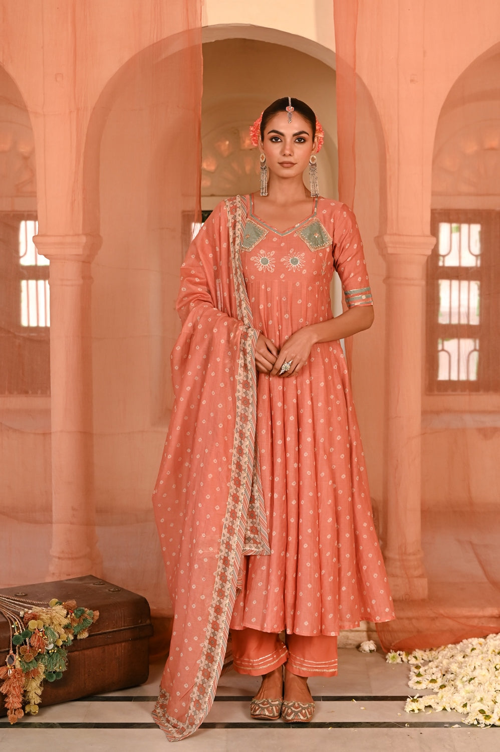 WOMEN'S ORANGE CHANDERI SURAJMUKHI ANARKALI SET
