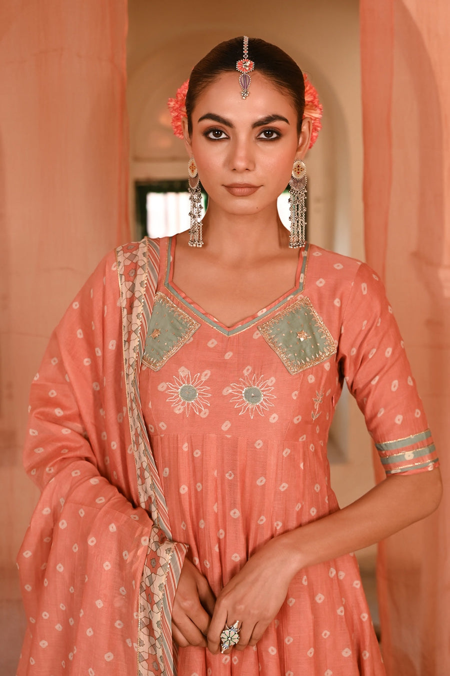 WOMEN'S ORANGE CHANDERI SURAJMUKHI ANARKALI SET
