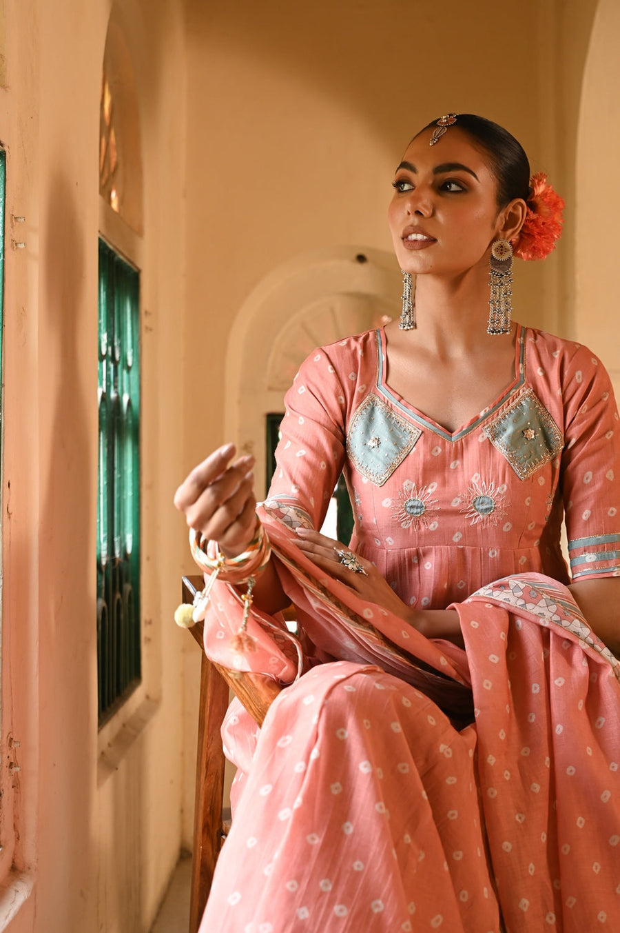 WOMEN'S ORANGE CHANDERI SURAJMUKHI ANARKALI SET