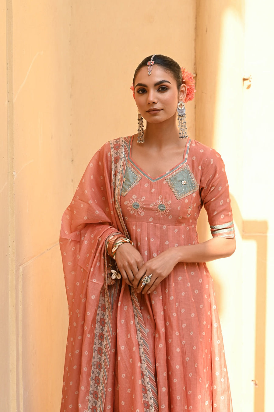 WOMEN'S ORANGE CHANDERI SURAJMUKHI ANARKALI SET
