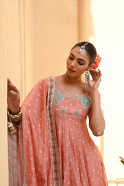 WOMEN'S ORANGE CHANDERI SURAJMUKHI ANARKALI SET