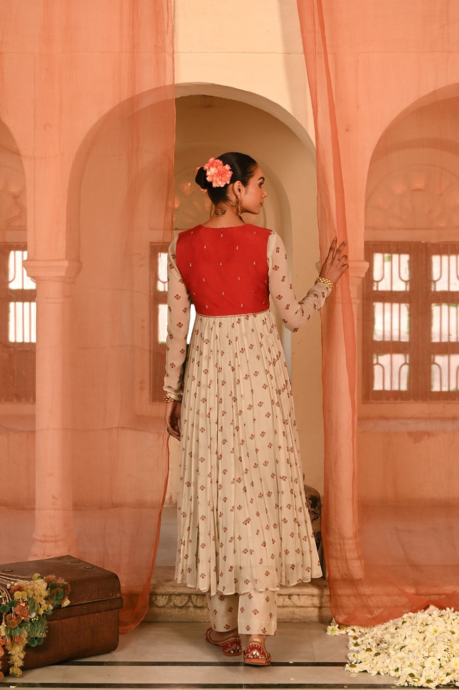 WOMEN'S BEIGE, RED CHIFFON GULAL ANARKALI SET