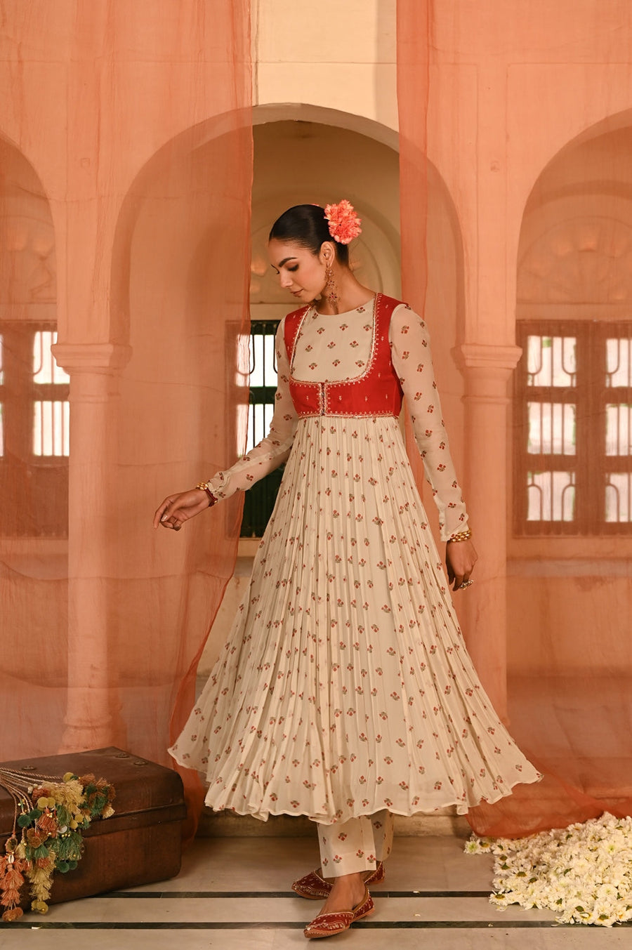 WOMEN'S BEIGE, RED CHIFFON GULAL ANARKALI SET