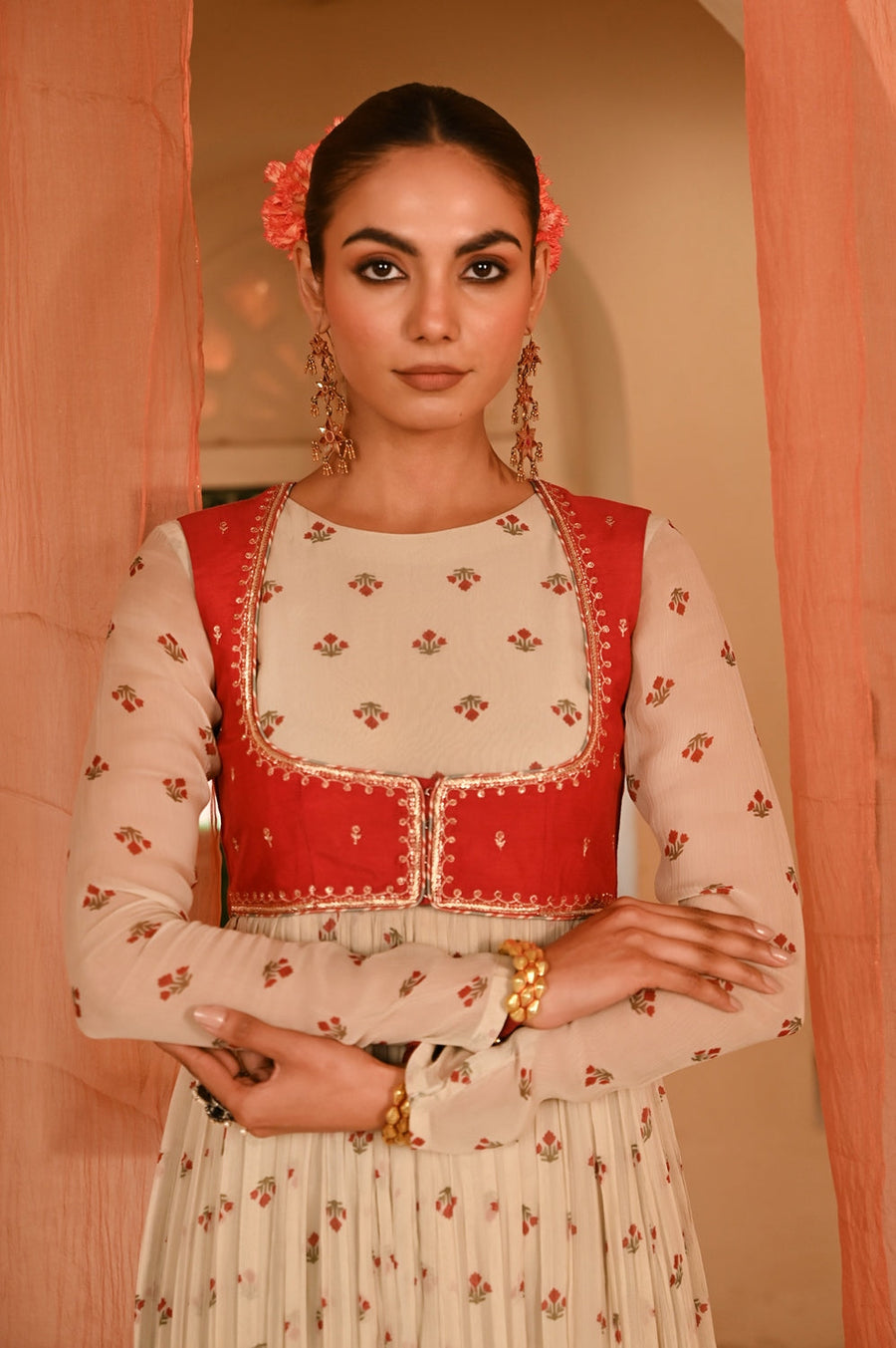 WOMEN'S BEIGE, RED CHIFFON GULAL ANARKALI SET
