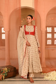 WOMEN'S BEIGE, RED CHIFFON GULAL ANARKALI SET